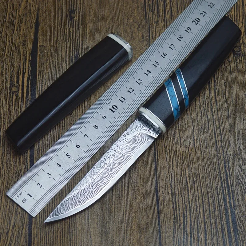 VG10 Damascus Steel Blade Ebony and Tyrquoise Ruck Rukoväť japonského vonkajšieho taktického prežitia Knife Kemping Combat Tool Self-Defense EDC