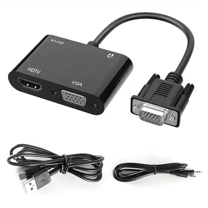 VGA až VGA+HD Dual Display Adapter s 3,5 mm audio jack USB napájacím káblom 1-in 2-out prevodník 1080p pre stolný počítač