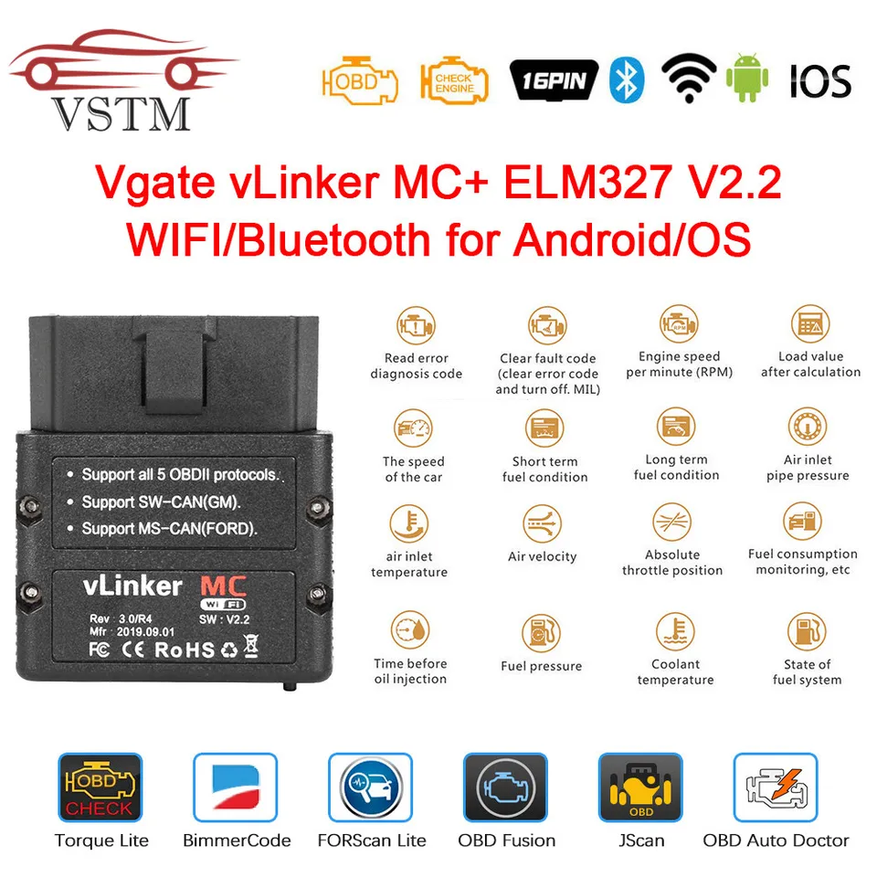 Vgate Vlinker MC Bluetooth 4.0 WiFi na Android/iOS OBD 2 OBD2 Strumento Diagnostico na auto PK OBDLink ELM329