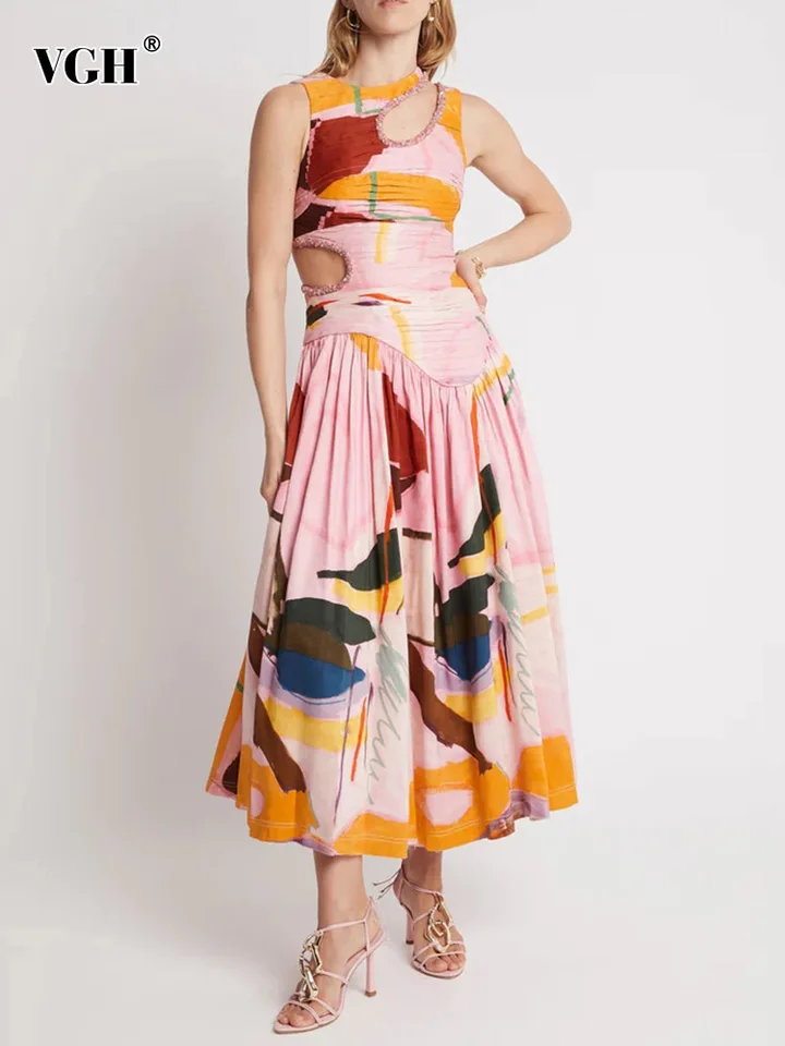 VGH ColoBlock Tlače Šaty pre ženy okrúhle krk bez rukávov s vysokým pásom Dutlow out out outming Ruched Dress Female letné nové