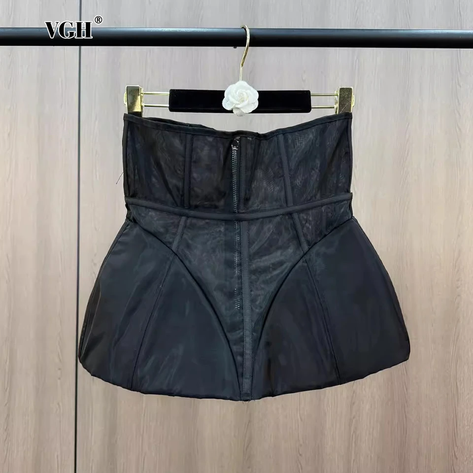 Vgh Solid Stvorený zips Slimming Chic Sukne pre ženy s vysokým pásom číry sieť sexy temperament krátke sukne ženský módny štýl