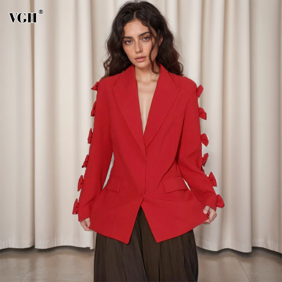 Vgh červená neformálna patchwork bowknot bunda pre ženy zavrhnutý golier s dlhým rukávom Elegantné blazers ženské módne oblečenie 2024