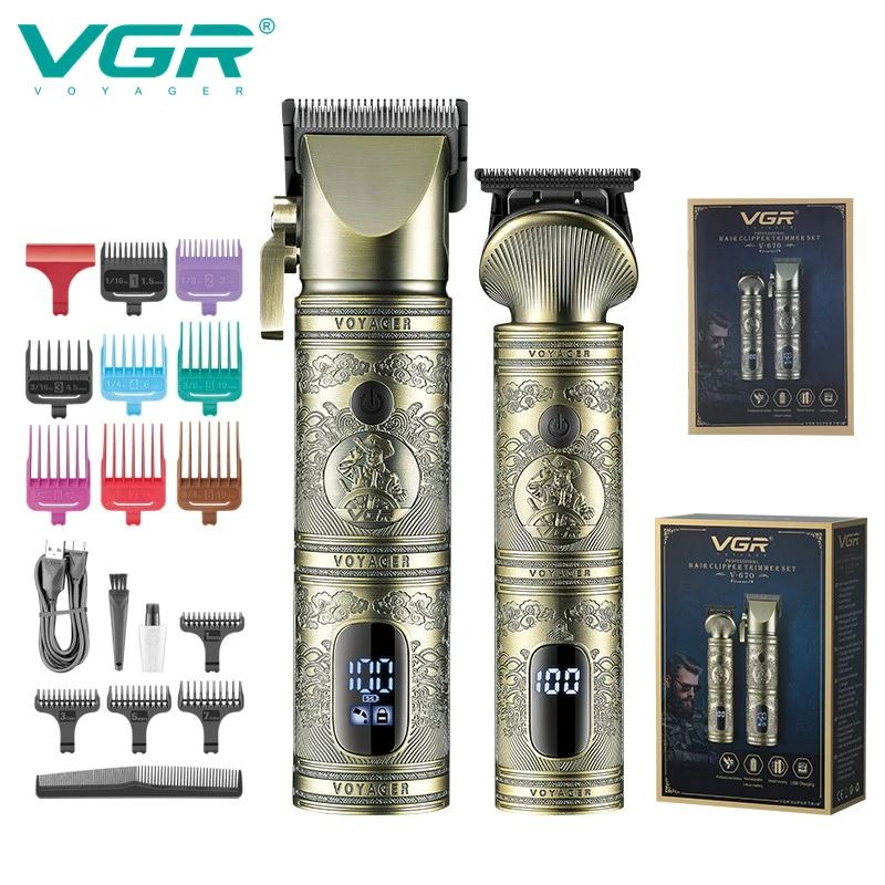 VGR Hair Clipper Professional Hair Clipper Trimmer Set nabíjateľné kovové puzdro LED displej s cestovným zámkom holič V-670