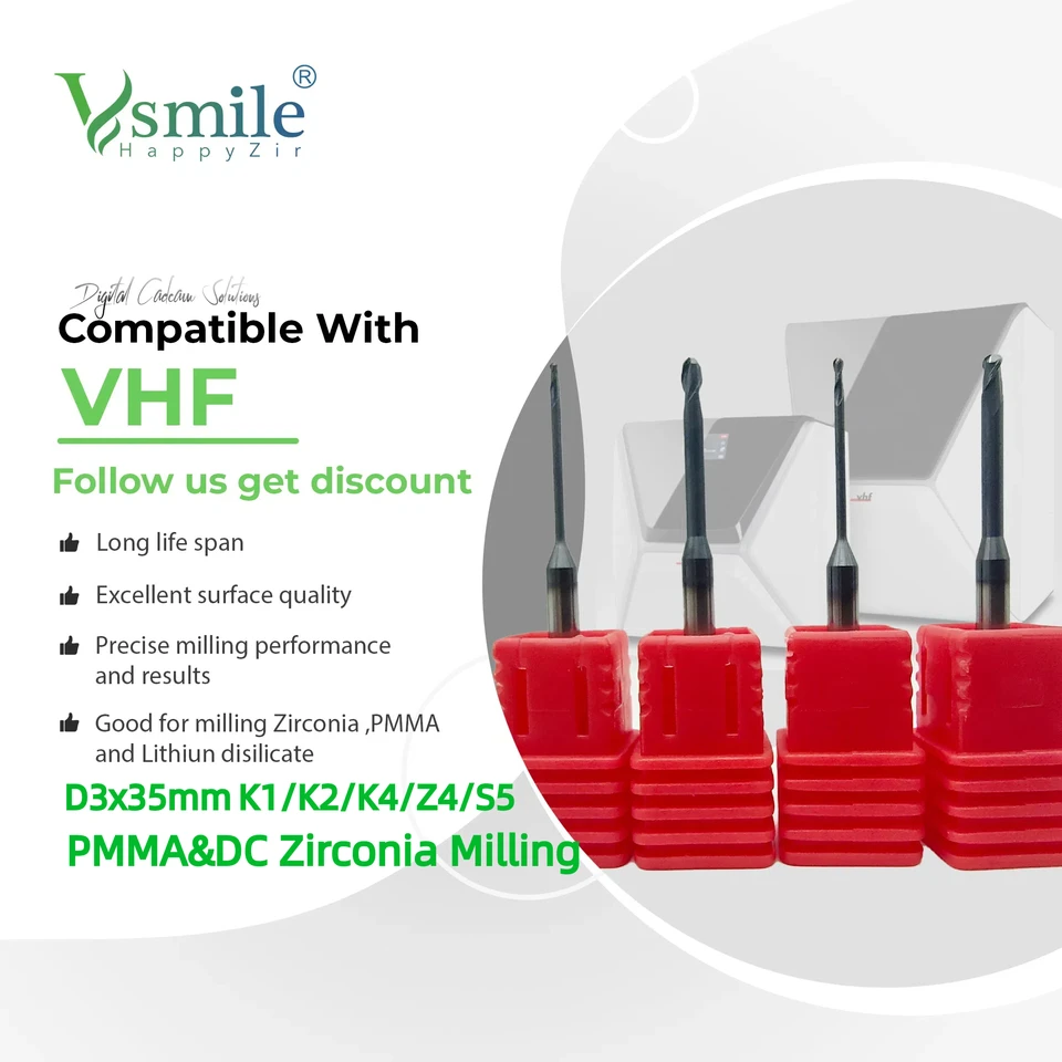 VHF K1/K2/K4/Z4/S5 Strojové frézovacie burzy PMMA Vŕtačky zirkónia frézka Cutter Dental Lab Vysoko kvalitné diamantové povlaky FREA