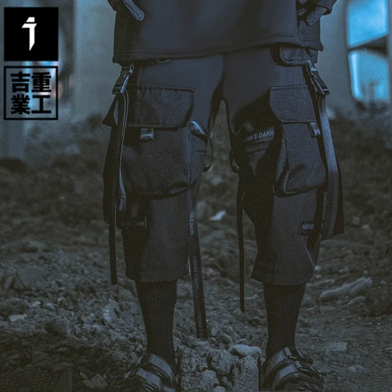 Viac vreckový streamerový patchwork dizajn muži jesenné technowear nákladné nohavice Y2K High Street Tactical Function Manžené nohavice pantalony