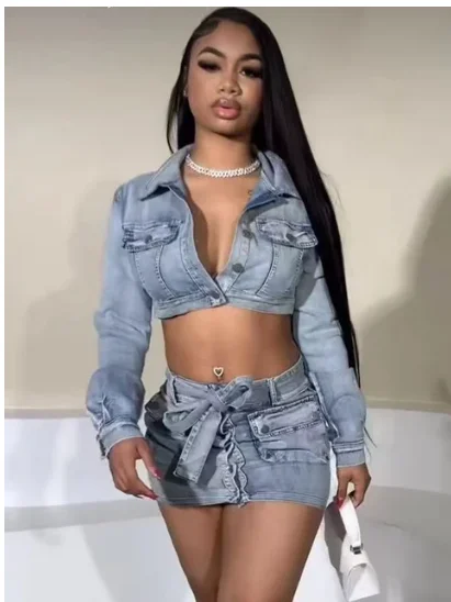 Viac vrecká denim mini sukňa sety sexy ženy elegantné dva kusy džínsové zhodné súprava Top+nákladná sukňa