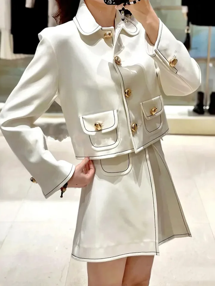 Viaceré štýly súpravy Ženy Pearl Trim Collar Coat A-Line Mini Sukňa Lady Rovné tvídové kraťas