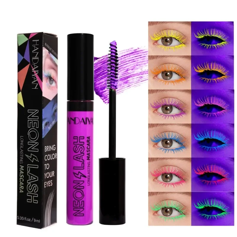 Viacfarebné neónové riasenky Fluorescencia vodotesná kozmetika Luminous Pigment Rýchle suchý riasenný rias lesk v tme