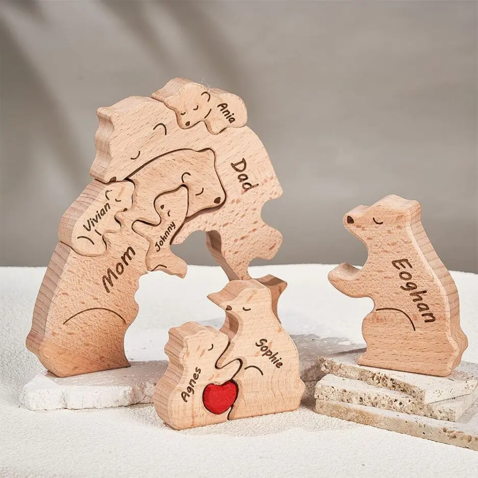 Viacjazyčné vlastné drevené stolové dekorácie Prispôsobené rodinné medvedí téma Srdce Art Puzzle Lover Otc Deň matie Darček