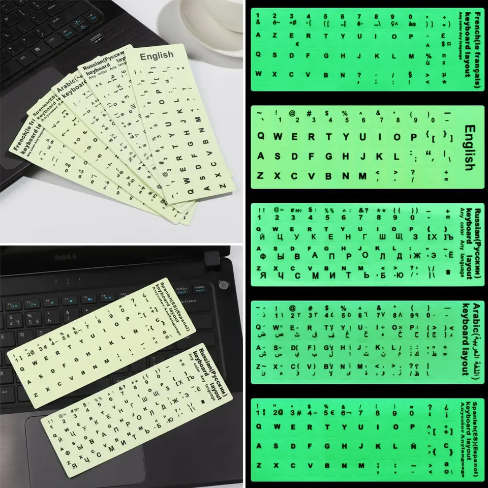Viacnásobný jazyk Arabský anglický ruský list Španielsky Luminous Film Film Keyboard Stickers