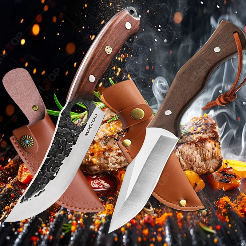 Viacúčelová kuchynská boning nôž ručne natiahnutá mäsiarsky nôž BBQ Knife mäso rezanie ovocného krájania úžitkového noža drevená rukoväť