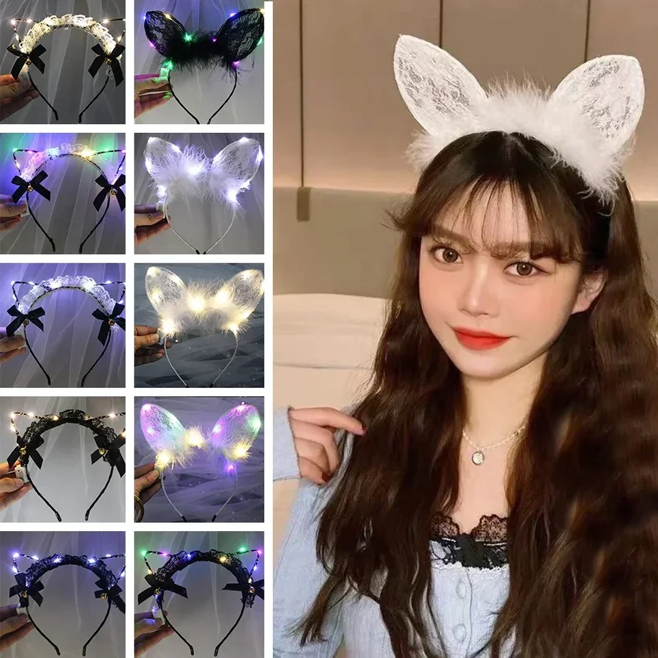 Vianoce blikajúce svetlo Up Led Cat Ears Feather Veniec Čele