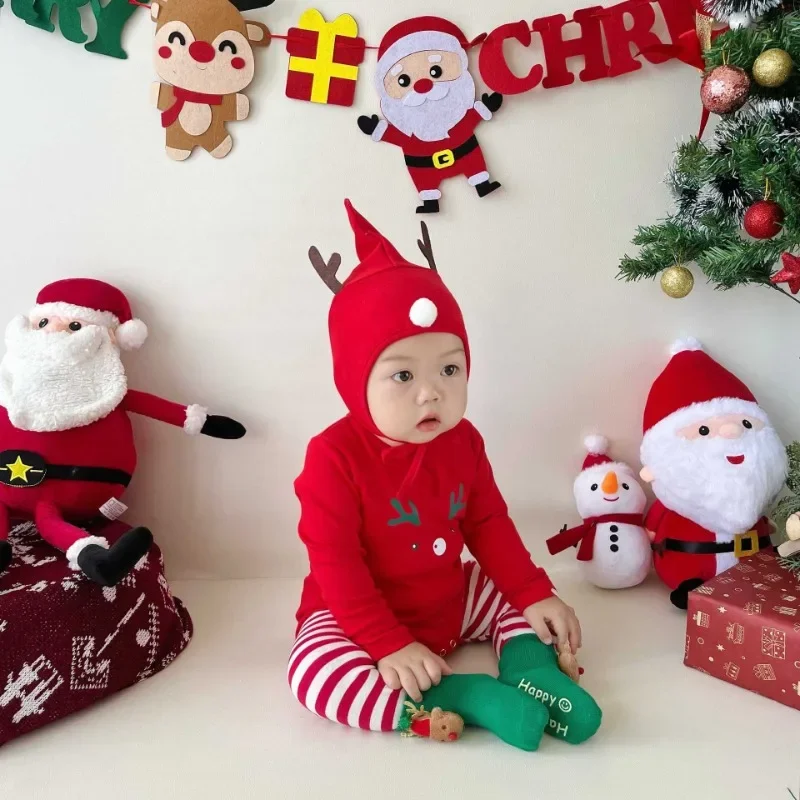 Vianoce na jeseň zima Kórejské detské kombinézy karikatúry Santa Claus Baby Bodysuit Boy Girl Girl Baby Romper outfits Outsie s klobúkami
