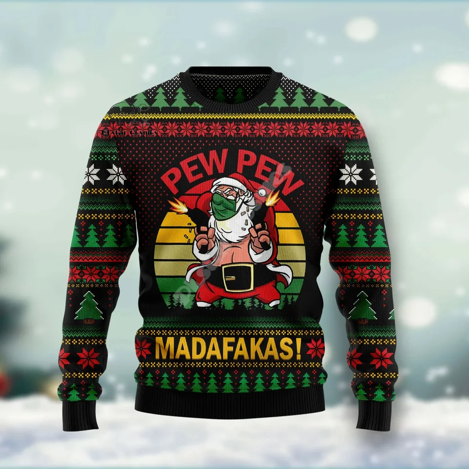 Vianoce Santa Claus Cat Animal Farebné tetovanie retro 3Dprint vtipné vianočné škaredé pletený sveter harajuku neformálne dlhé rukávy x9
