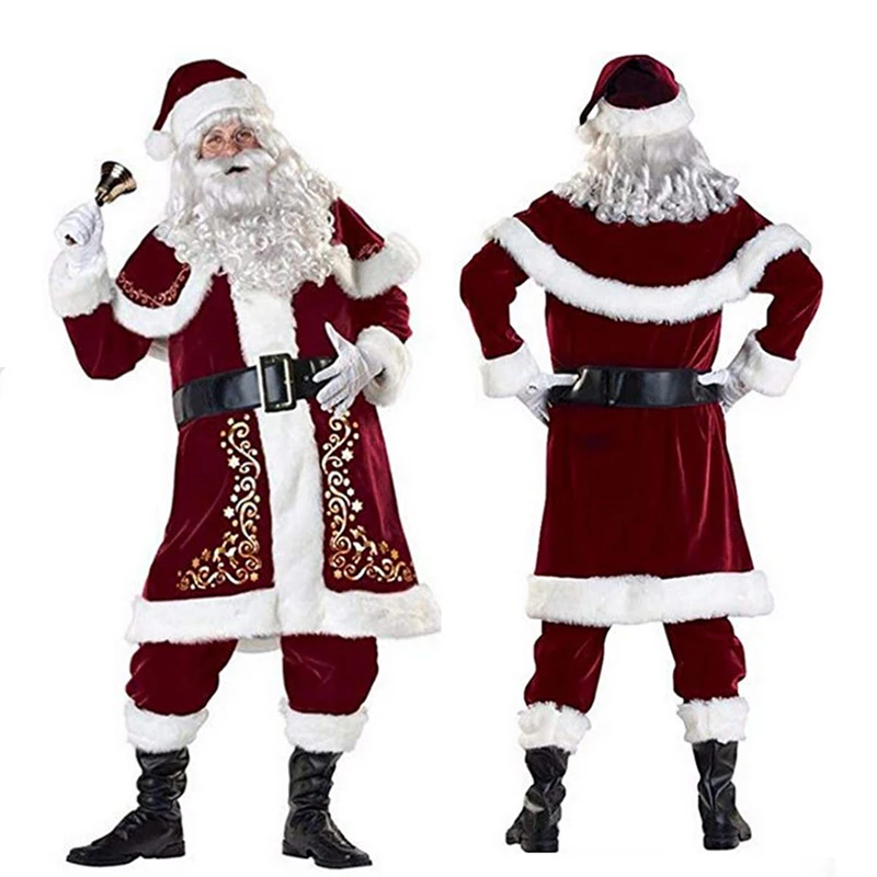 Vianoce Santa Claus Suit Dospelý vianočný kostým Cosplay Red Deluxe Velvet Fancy 8ks Set Vianoce party Man Costume S-XXL