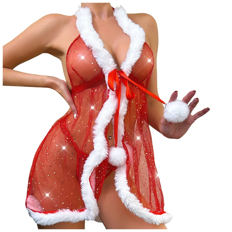 Vianoce sexy spodná bielizeň Red Santa Transparent Mini Chamise Exotické porno nočné košele plyšová sieť