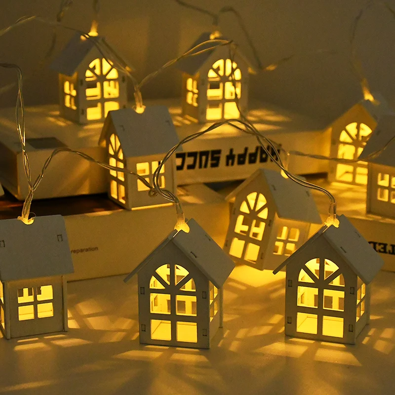 Vianočná dekorácia 2M Drevené domy LED svetlo Vianoce stromové dekoratívne svetelné šnúrky Závesné nástenné dekorácie Svetlá struna Navidad