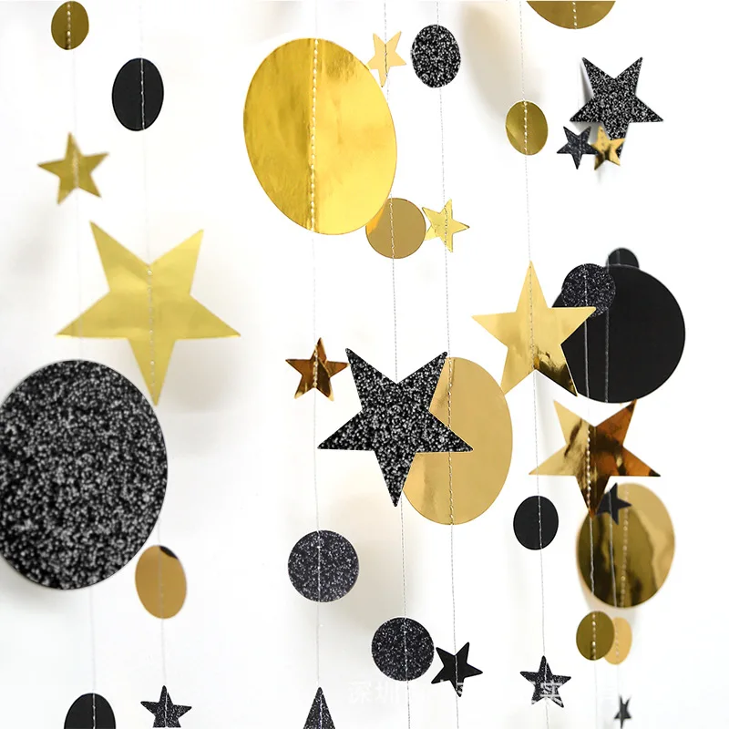 Vianočná dekorácia 4m bodový papier Girland Gold Black Star Round Banner Bunting for Bay Shower Birthday Svadobná večera
