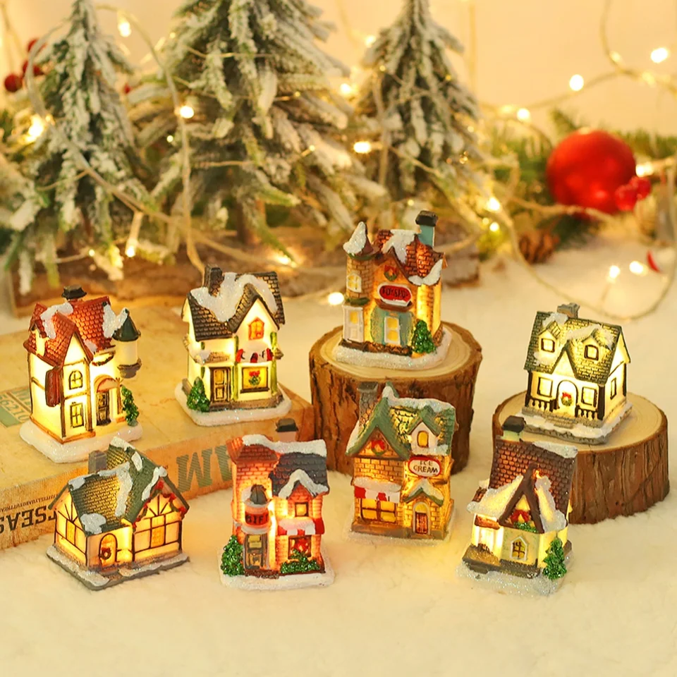 Vianočná dekorácia pre domácu živicu Snow House Vianočné ozdoby s LED svetlom Zberateľné budovy Darček pre deti
