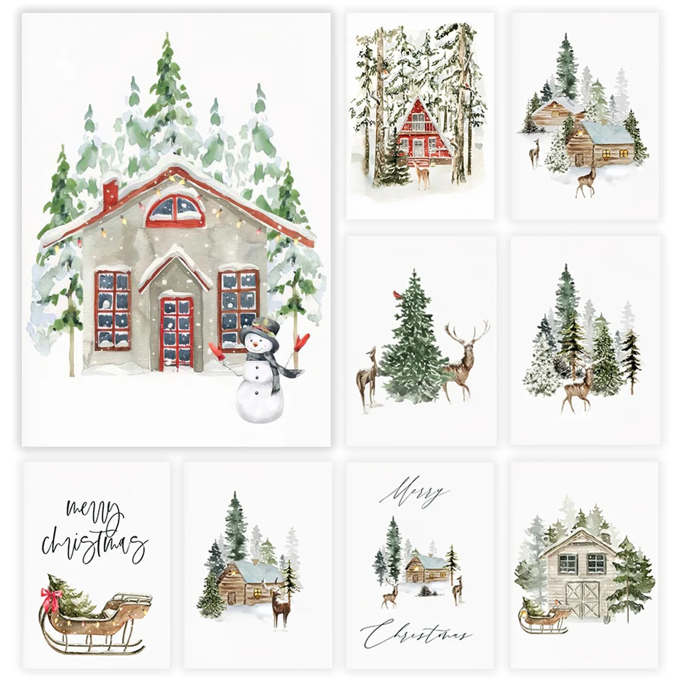 Vianočná maľba nástenné umenie Elk Farmhouse Pine Tree Sleigh Winter Plagáty výtlačky Domáca obývacia izba Spálňa dekor plátno maľba maľba