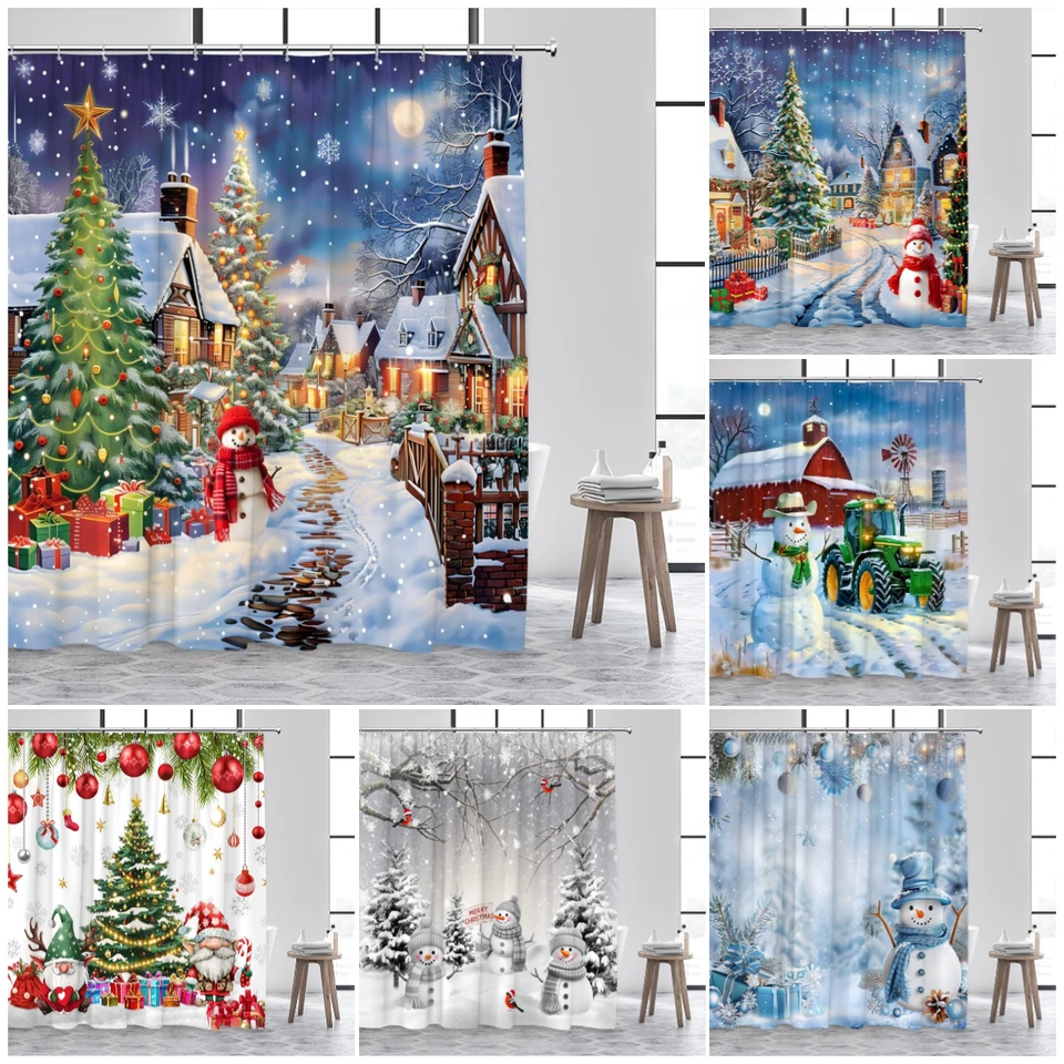 Vianočná sprcha záclony roztomilý snehuliak Santa Claus vianočný strom zimné mesto ulica Krajina kúpeľ