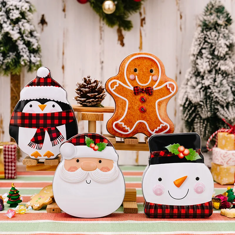 Vianočné dekoratívne články perník muž s biscuitmi santa claus candy box karikatúra snehuliak cínový box