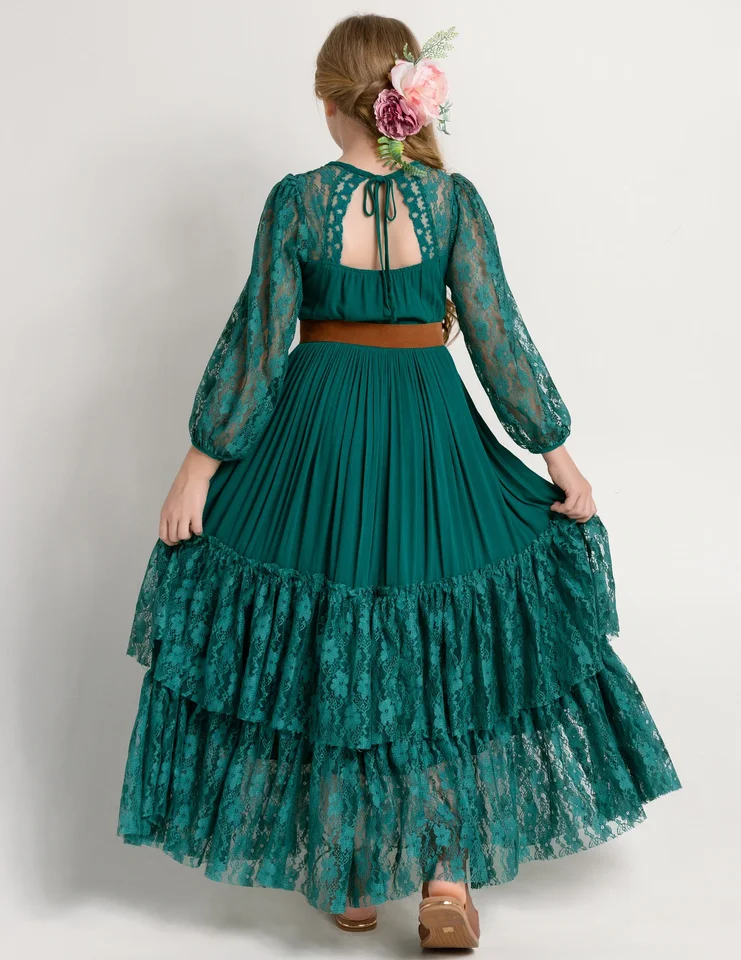 Vianočné dievčatá čipky s dlhým rukávom Lace Dress Dospievajúce deti Elegantné kostýmy Vestidos kostýmy Detské oblečenie pre 7-14 rokov