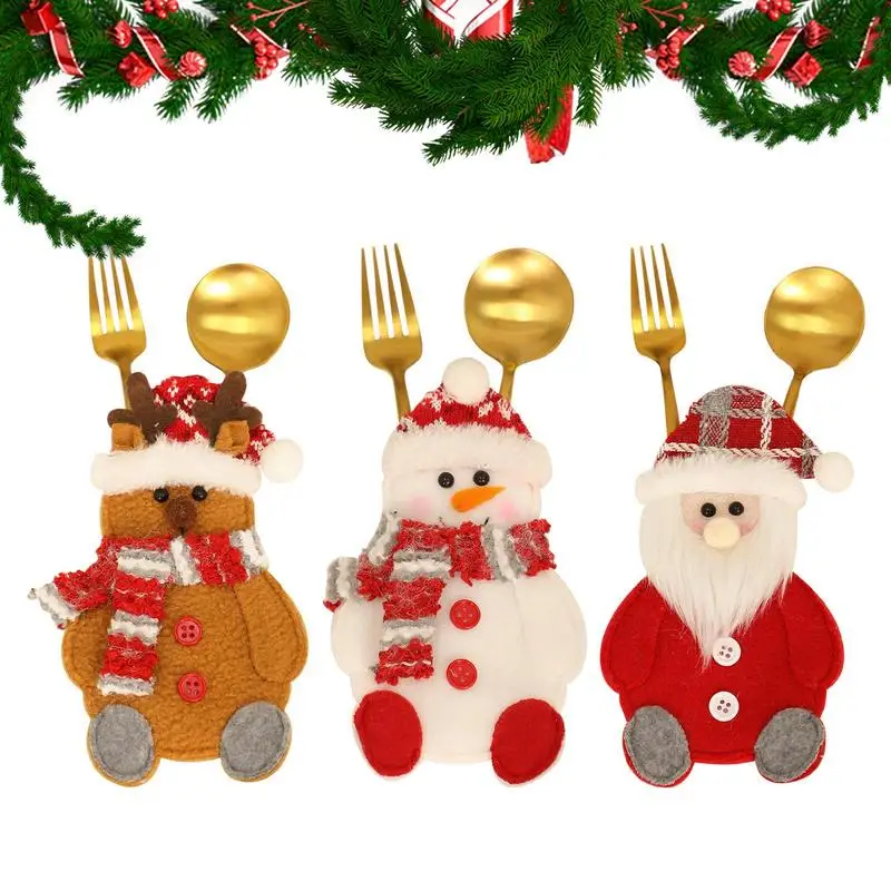 Vianočné držiaky na držiaky striebra Držiak dekoratívne príborové organizátor sada 3 vianočných prístreškov Santa Claus Snowman Elk