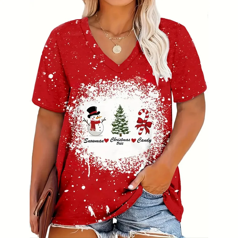 Vianočné dámske tričko Cartoon Print Street Fashion V-krk s krátkym rukávom TEE Festival oblečenie Príležitostné ženské tričko Pullover