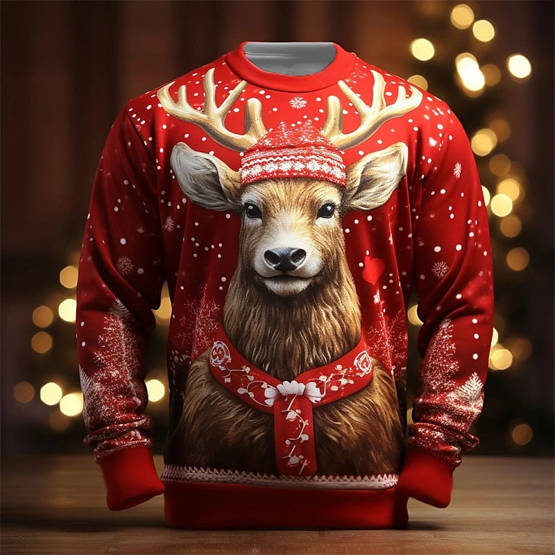 Vianočné elk tlačové mikiny pre mužov padajú s dlhým rukávom Pullover Príležitostné orne Pánske vrcholy s nadmerným kapucňou Vianoce odevy