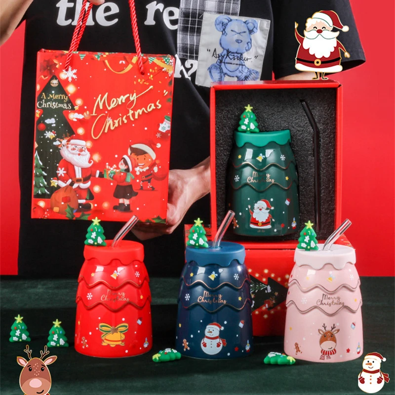 Vianočné hrnčeky Karikatúra vianočných stromov Tvar Tvorca Kreatívny keramický šálka s vekom a slamou Santa Claus Coffee Party Hrnce Domáce darčeky