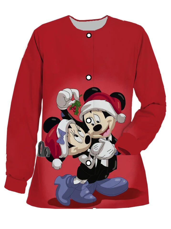 Vianočné matné tlačené kabáty Top Dámske ženy s dlhým rukávom Disney Mickey Minnie Celkvels vrecko ošetrovateľstvo matné lekárske uniformy
