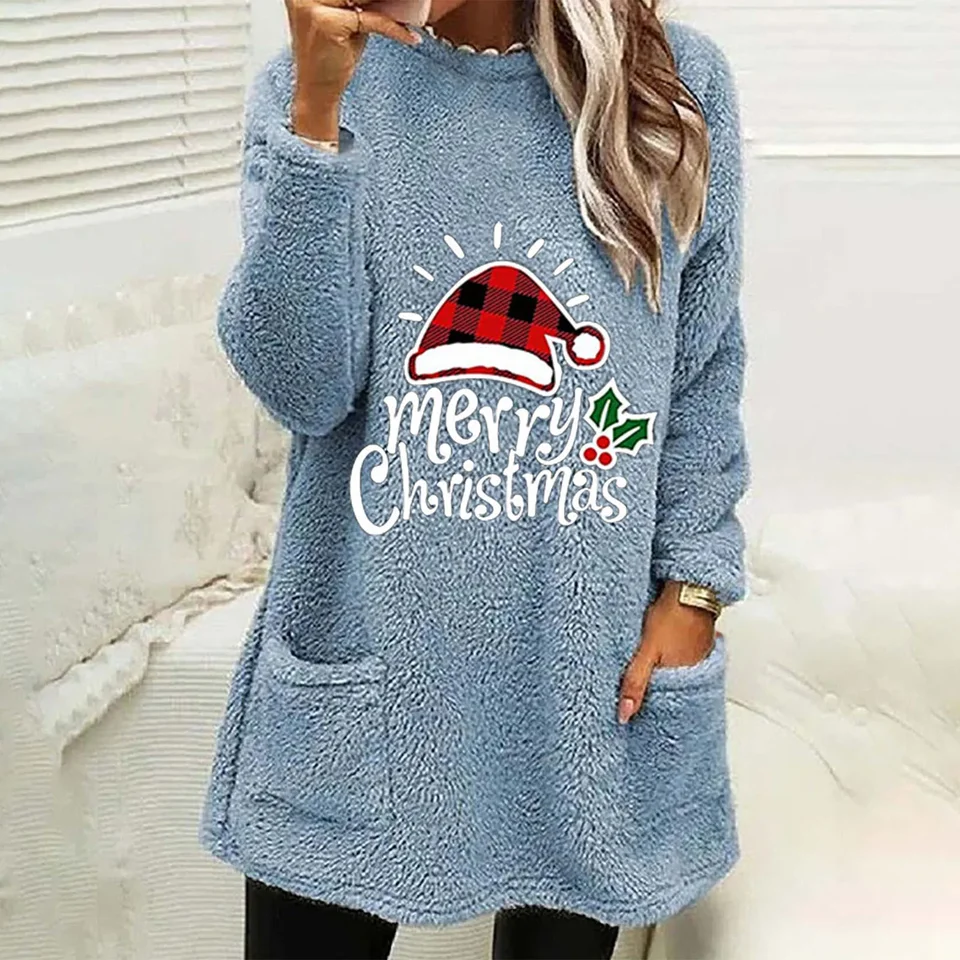 Vianočné nadýchané ženy, mikina, neformálne pullover jesenné zimné vreckové vrcholy Ženy Kórejské módne mikiny zimné oblečenie Ženy