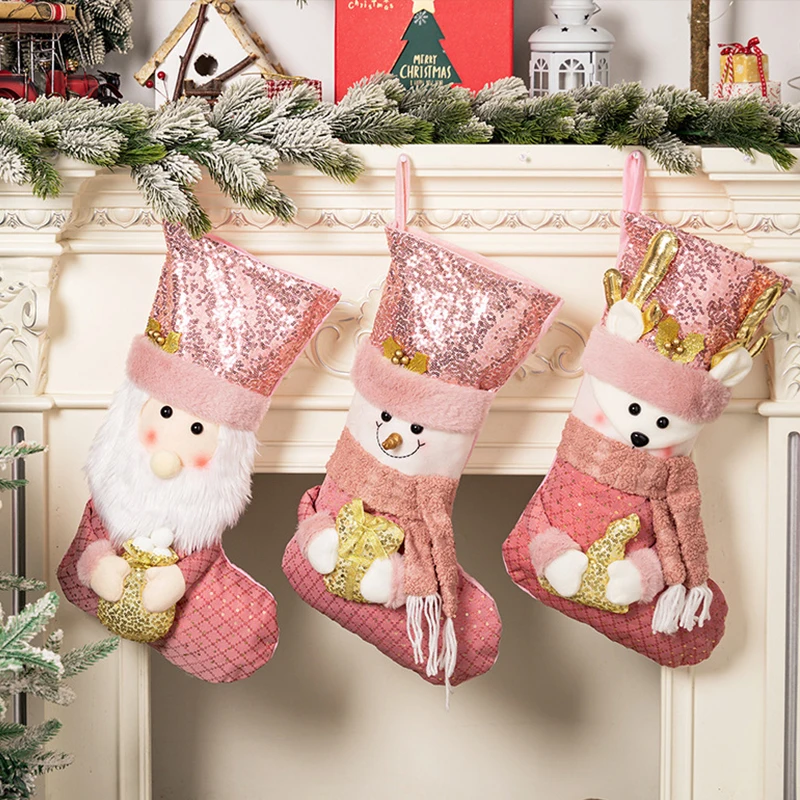 Vianočné ponožky darčeková taška roztomilý Santa Claus Snowman Elk Pink Glitter Dekoratívna darčeková taška vianočné detské cukrovinky Darčeková taška
