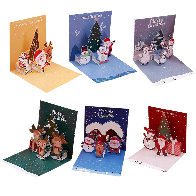 Vianočné pozvánky 3D sviatočné pohľadnice s obálkami Santa Snowman los vianočné stromy