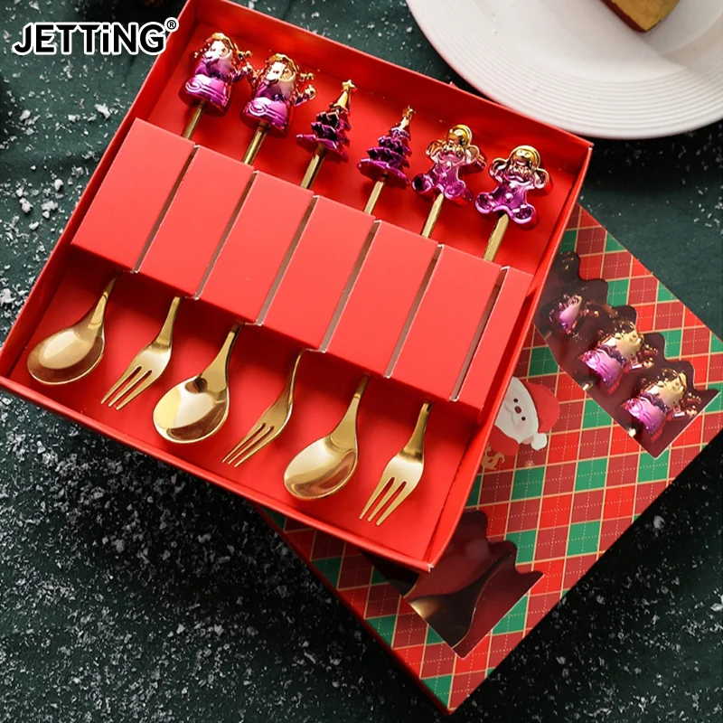 Vianočné riady sada z nehrdzavejúceho kovu Glitz Doll Coffee Dezert Spoon Fruit Fork Vianočné darčeky dekor santa claus dekorácie lyžica