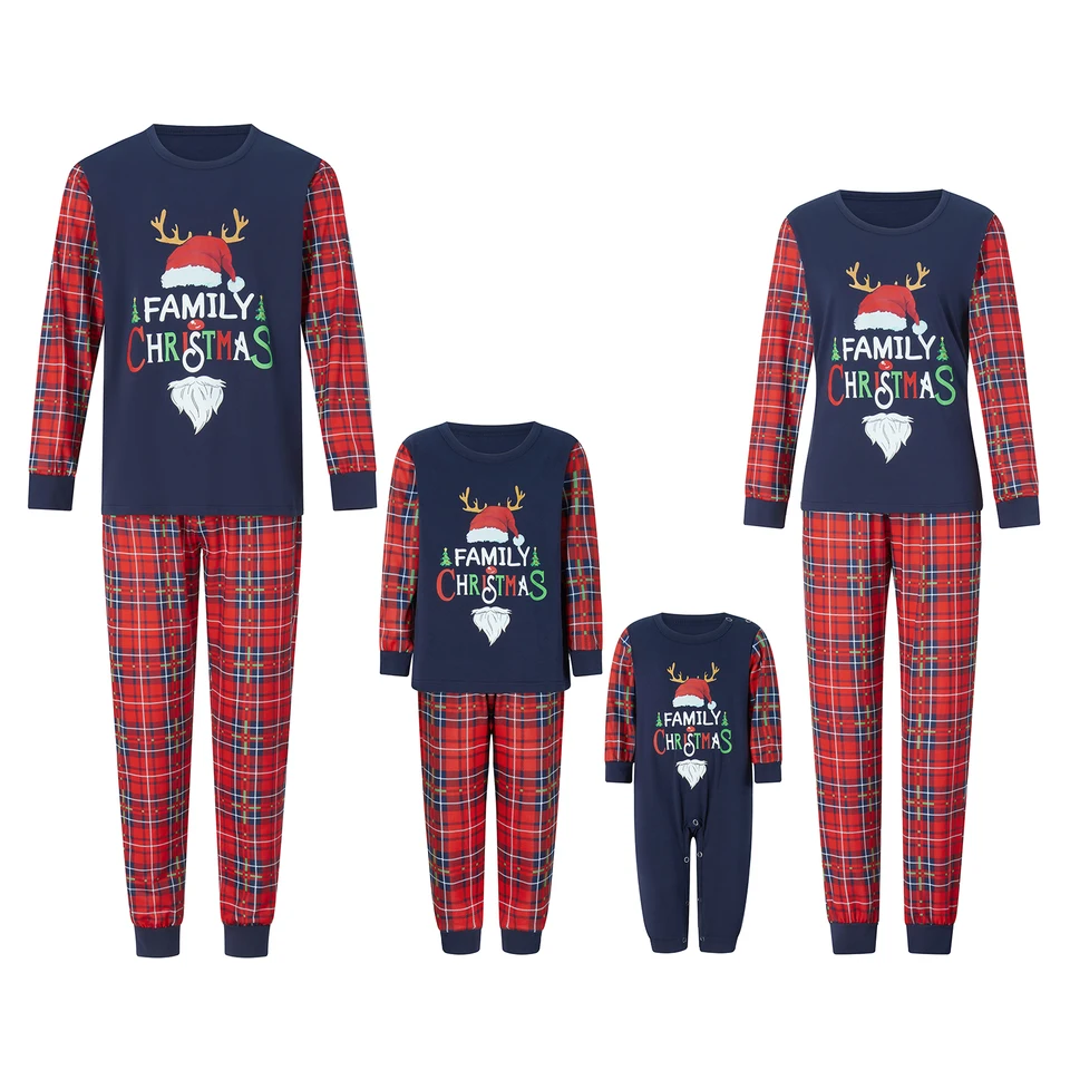 Vianočné rodinné pyžamy zodpovedajúce nastavené písmeno Tlač s dlhým rukávom Topy a kockované nohavice Loungewear Soft Sleewear