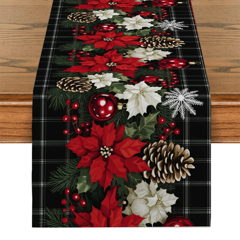 Vianočné vianočné vianočné breh vianočné lopty Plid Plaid Table Runner Farmhouse Dining Stole Runners Svadobná hostina stolová dekorácia
