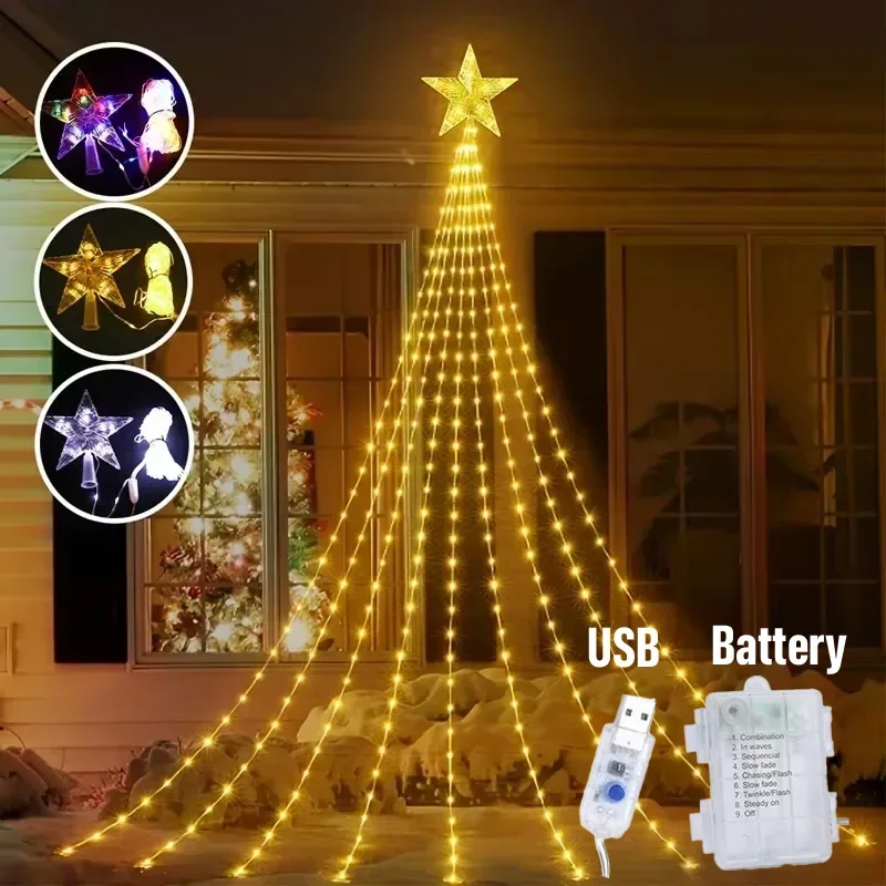 Vianočné vodopádové víly String Lights s topper hviezdou, dekorácie vianočných stromčekov 2024 pre domáce sviatky Nový rok 2025