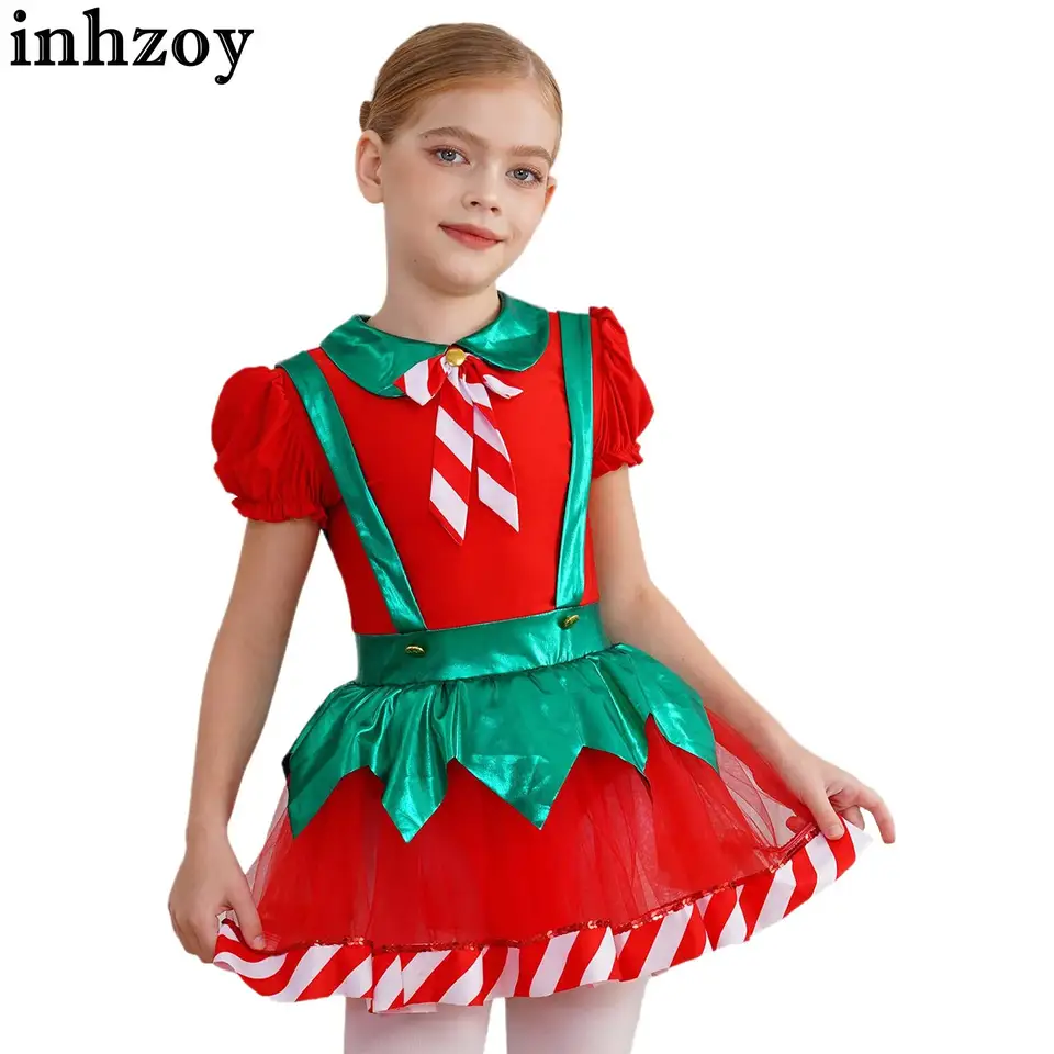 Vianočné škriatkové tanečné kostýmy pre dievčatá baletné gymnastiku korčuľové šaty Puff Ruckve Dutiny zadné pruhy trikoty Tutu Dancewear
