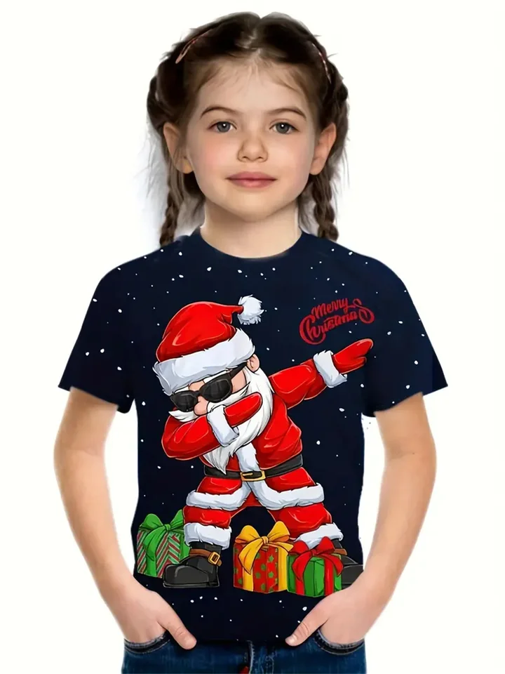 Vianočný deň Santa Claus 3D tlač dievčenských tričiek Festival Fashion krátke rukávy Topy Príležitostné tričká dievčenské oblečenie