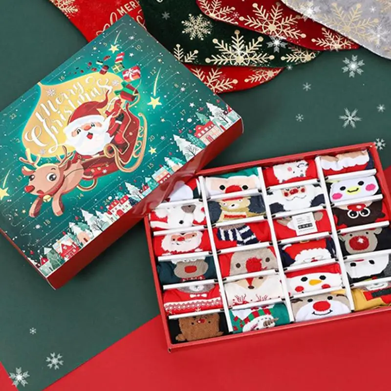 Vianočný ponožkový adventný kalendár odpočítavanie kalendár vtipné 24 dní vianočné témy bavlnené ponožky Holiday Chrismas Calendar pre deti