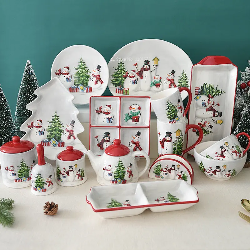 Vianočný snehuliak a taniere Curslery Set Kuchynský obliekanie Skladovací nádoba Rodina šalátovej misky Čajovňa Set Ceramic Steak Plošný tanier