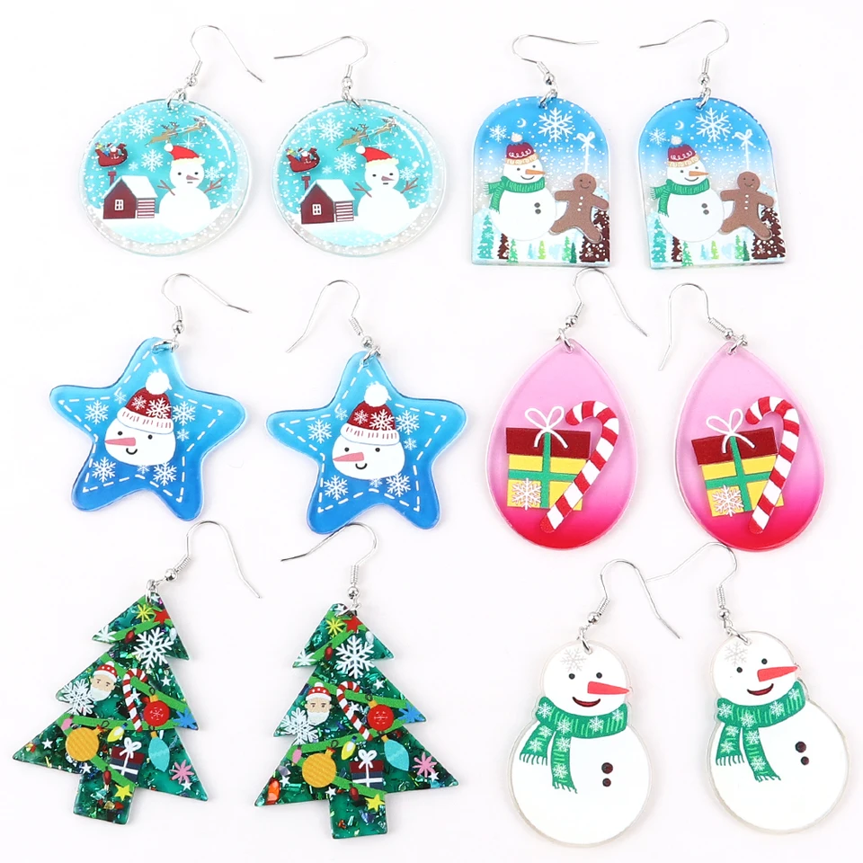Vianočný snehuliak perník muž Snowflake ponožky Akrylové náušnice pre ženy vianočné stromy cukríky Santa Claus kvapky náušnice šperky