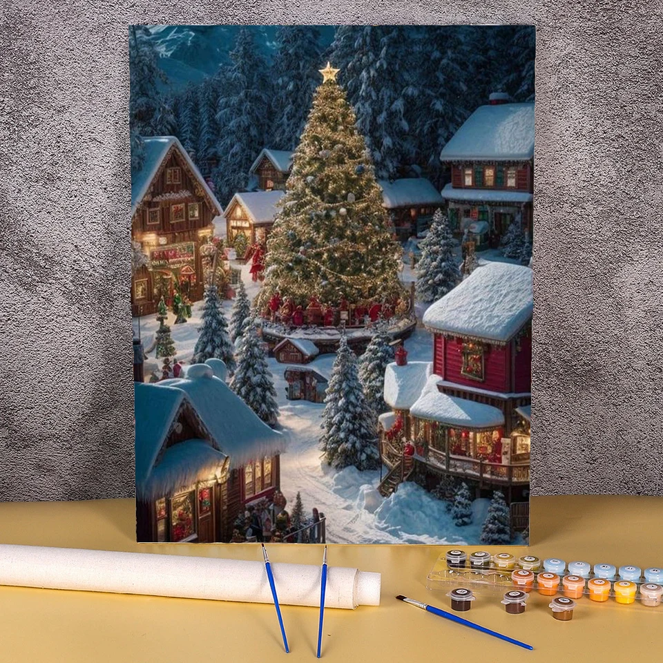 Vianočný stromček DIY farby podľa čísel pre dospelých scenéria olejomaľba podľa čísel na plátne Snow Town Digital Painting Decor