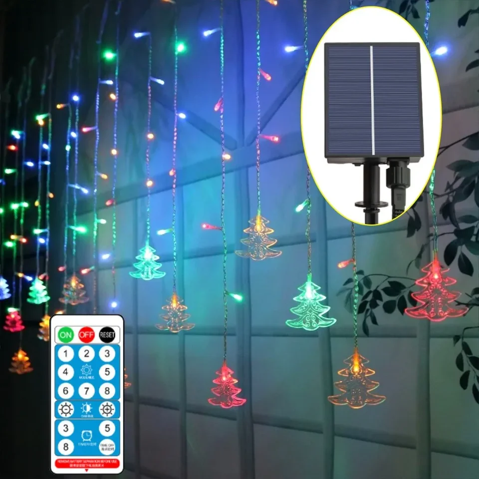 Vianočný stromček Solar -Powed 96 LED reťazec String 8 Modes diaľkový ovládač okenné výzdoba na Vianoce, Nový rok