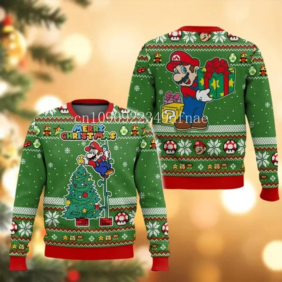 Vianočný sveter 2024 Ugly Sweater Ženy vianočné karikatúry Super Mario Vianoce škaredý sveter Jeseň a zima príležitostné