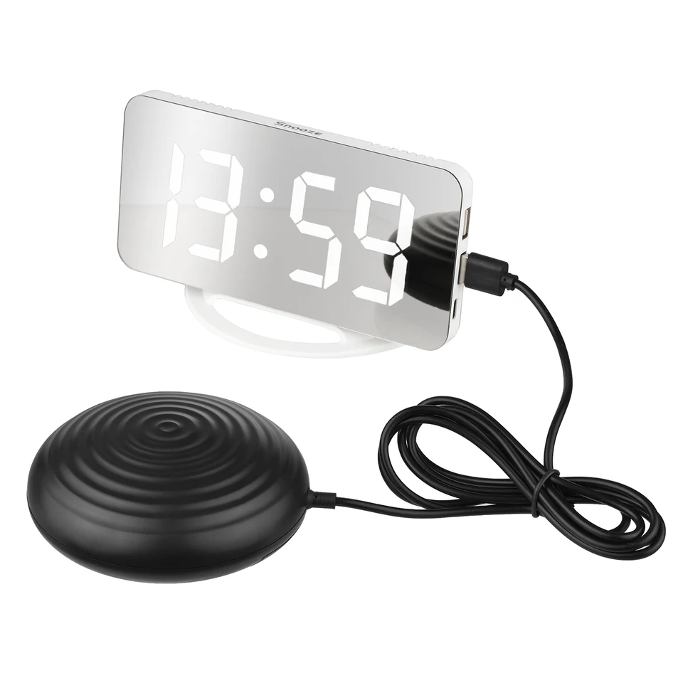 Vibračné budík Digitálne zrkadlo Budík s veľkým vyčistením obrazovky Nastaviteľný jas duálnych portov USB Snooze režim