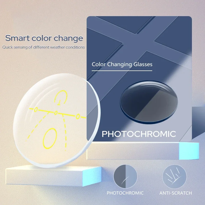 Vicky fotochromatické viacstranné zaostrenie Progresívne CR-39 živice asférické okuliare Šošovky Myopia Hyperopia UV400 Slnko šošovky slnečného predpisu