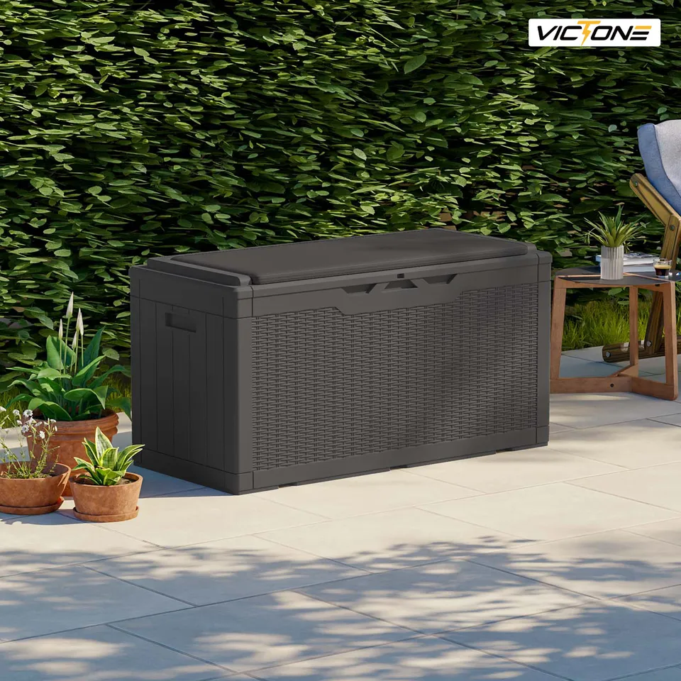 Victone 100 Gallon Resin Deck Box s vankúšom, veľká vonkajšia vodotesná skladovacia skrinka s visiacim zámkom pre teračný nábytok, čierna